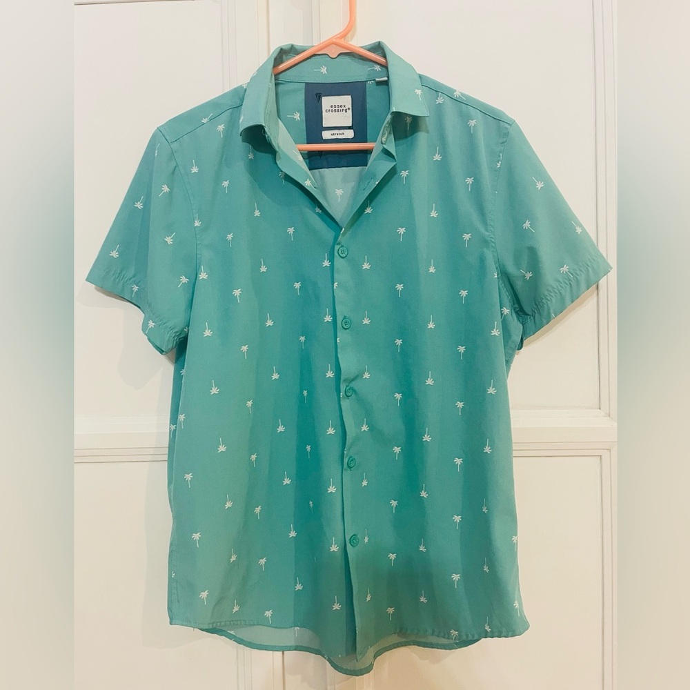 Essex Crossing Teal Blue Palm Tree Shirt Mens Small Short Sleeve Tropical Button